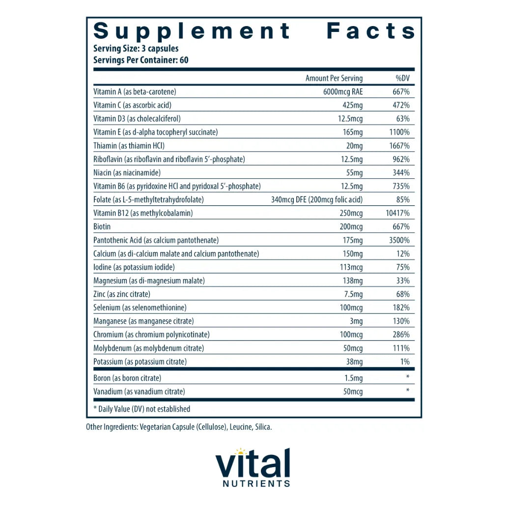 Ingredients of Multi-Nutrients 3 Citrate-Malate Formula Dietary Supplement - Vitamin A, Vitamin C, Vitamin D