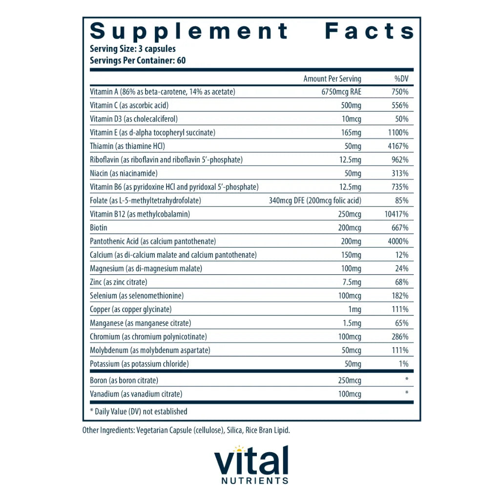 Ingredients of Multi Nutrients Dietary Supplement - Vitamin A, Vitamin C, Vitamin D3, Vitamin E