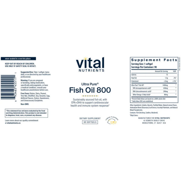 About Ultra Pure Fish Oil 800 by Vital Nutrients - 90 Softgel Capsules | Maintains Normal Platelet Aggregation Levels