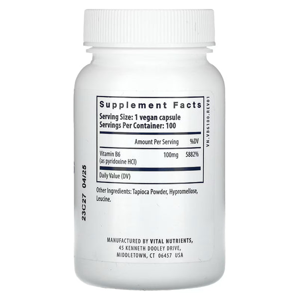 Vital Nutrients Vitamin B6 100mg - Supports The Nervous and Musculoskeletal Systems