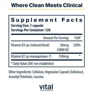 Ingredients of Vitamin K2-7 and D3 Dietary Supplement - Vitamin D350 mcg, Vitamin K2-7 150 mcg