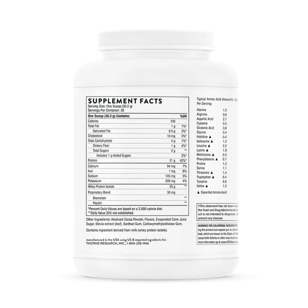 Thorne Whey Protein Isolate Chocolate 31.9 oz supplement facts