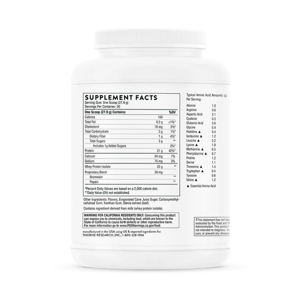 Thorne Whey Protein Isolate Vanilla NSF 29.5 oz supplement facts
