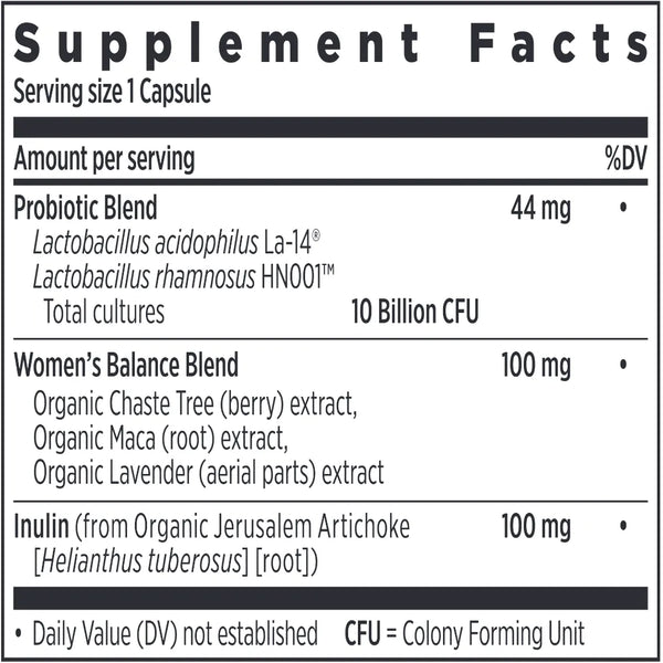 Ingredients of Women's Daily Probiotic dietary supplement - organic chaste tree, organic maca