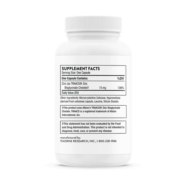 Thorne Zinc Bisglycinate 15 mg 60 caps supplement facts