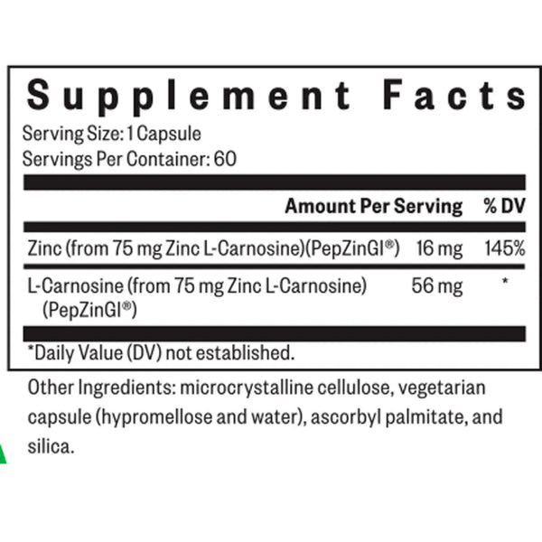 Supplement Facts label for Seeking Health Zinc Carnosine showing 16 mg zinc and 56 mg L-carnosine per capsule from PepZinGI® complex with vegetarian capsule ingredients.