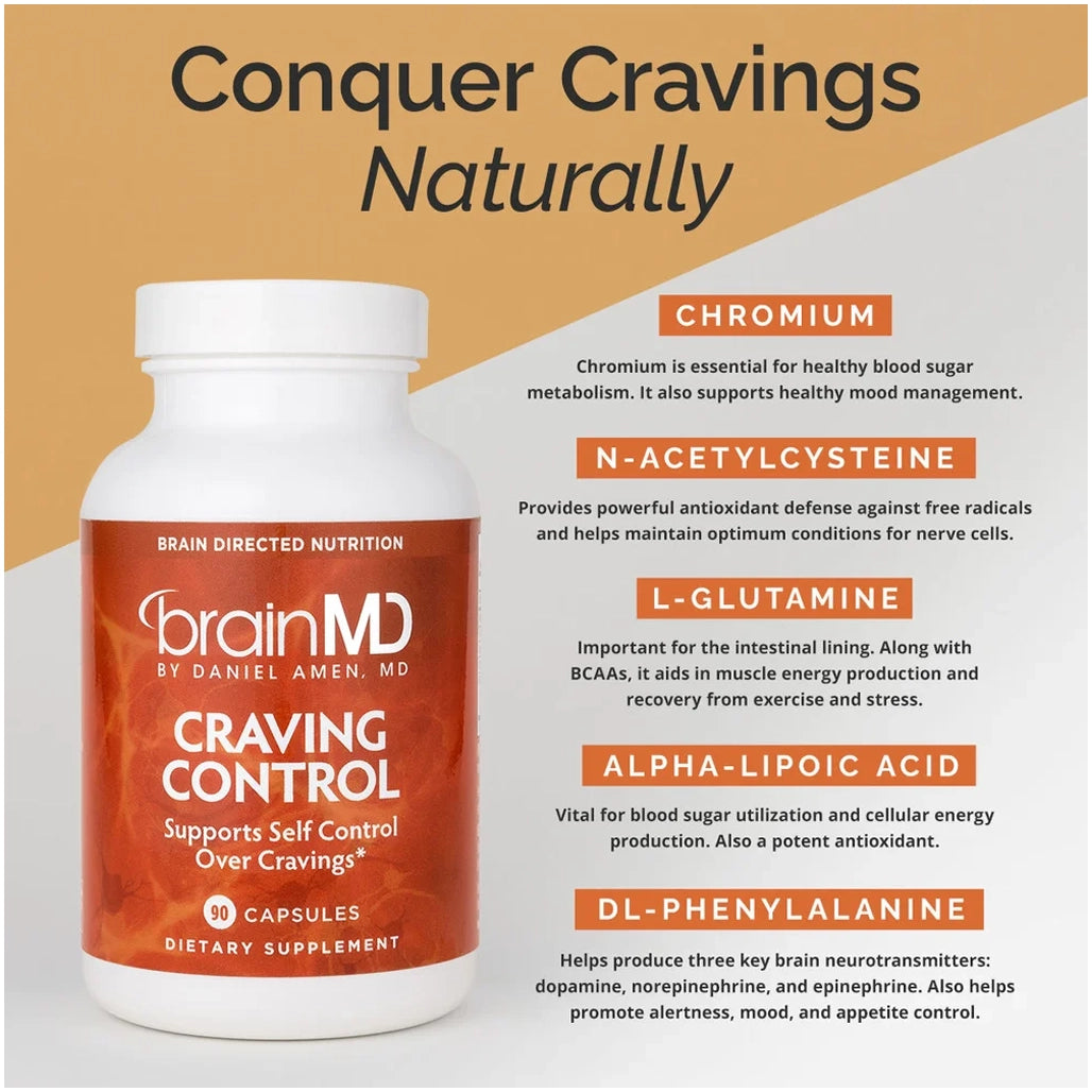 Benefits of Craving Control dietary supplement- 90 Capsules | Brain MD | Supports Self Control Over Cravings