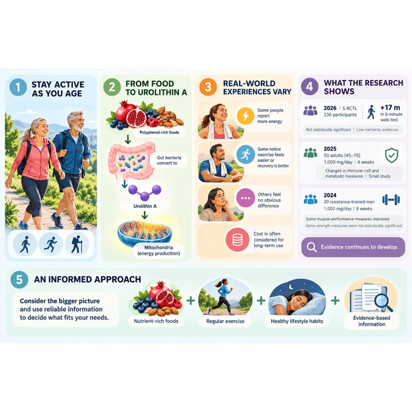 Cellular Longevity Pro Mitopure Urolithin A infographic showing research, real-world experiences, and healthy aging insights
