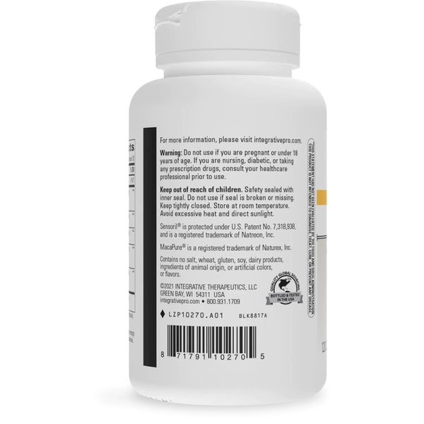 Back label of Integrative Therapeutics HPA Adapt bottle showing supplement facts, usage warnings, and manufacturer details.