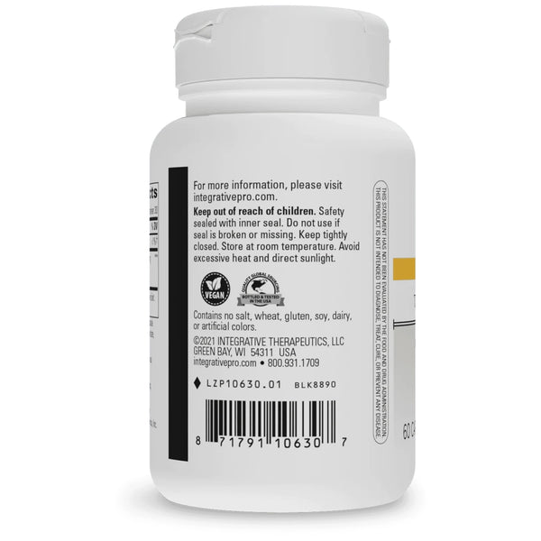 Integrative Therapeutics Theracurmin bottle back view – premium water-dispersible curcumin supplement with advanced bioavailability supporting joint comfort, cardiovascular wellness & detox pathways.