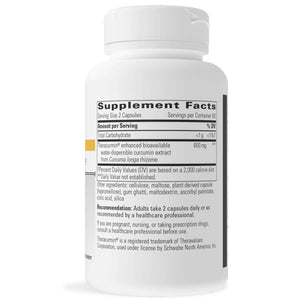 Integrative Therapeutics Theracurmin ingredients panel – water-dispersible curcumin extract with advanced absorption, listing capsule blend and supporting excipients for joint comfort and antioxidant wellness.