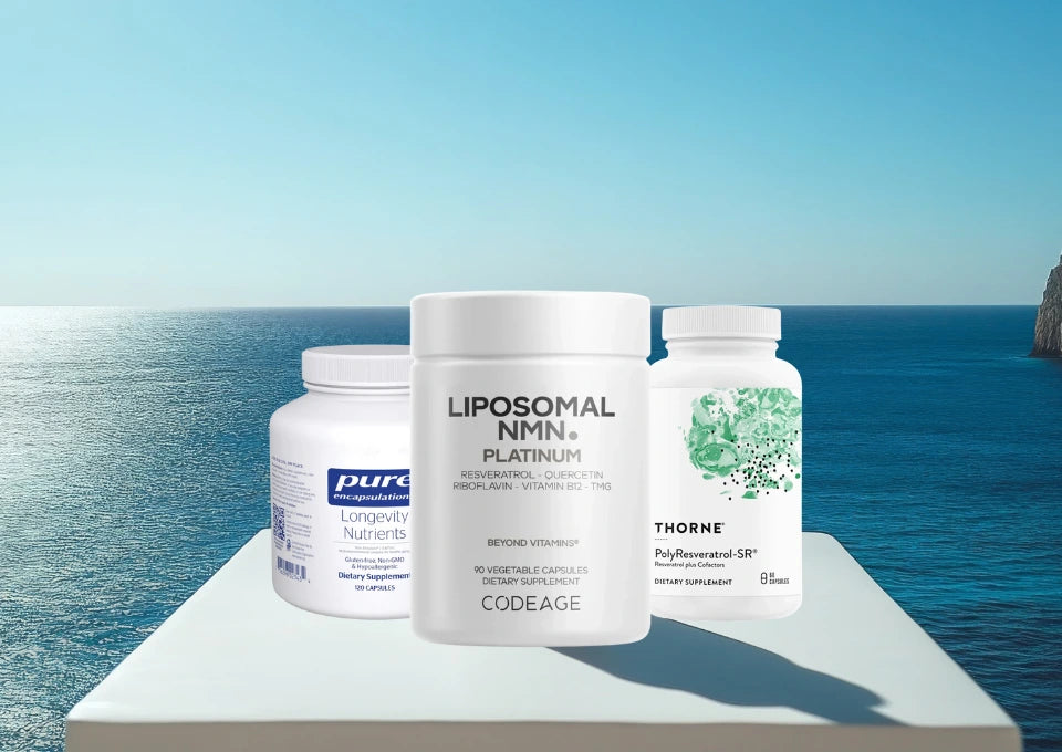 Three supplement containers on a platform with a scenic ocean background