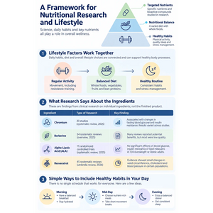 Infographic showing nutritional research on Metabolic Xtra ingredients, including chromium, berberine, alpha-lipoic acid and resveratrol, alongside healthy lifestyle habits.