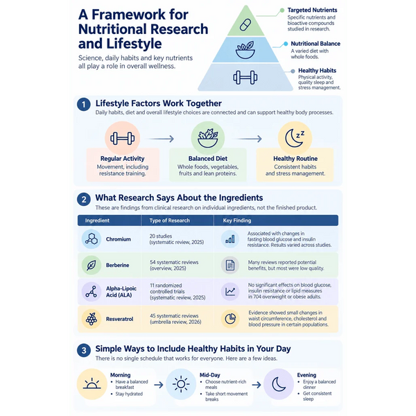 Infographic showing nutritional research on Metabolic Xtra ingredients, including chromium, berberine, alpha-lipoic acid and resveratrol, alongside healthy lifestyle habits.