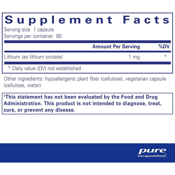 Pure Encapsulations Lithium Orotate 1 mg supplements facts