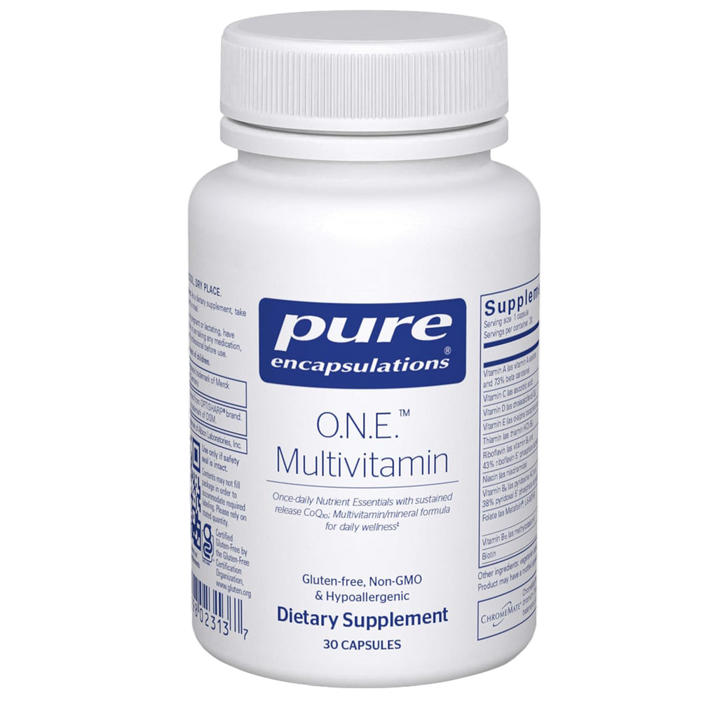 Pure Encapsulations O.N.E. Multivitamin bottle – comprehensive once-daily multivitamin with highly bioavailable vitamins, antioxidants like CoQ10 and lutein, for overall wellness support.