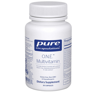 Pure Encapsulations O.N.E. Multivitamin bottle – comprehensive once-daily multivitamin with highly bioavailable vitamins, antioxidants like CoQ10 and lutein, for overall wellness support.