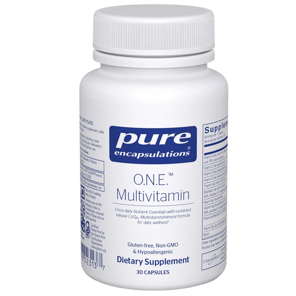 Pure Encapsulations O.N.E. Multivitamin bottle – comprehensive once-daily multivitamin with highly bioavailable vitamins, antioxidants like CoQ10 and lutein, for overall wellness support.