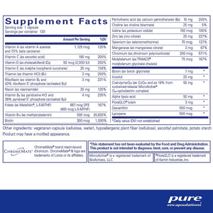 Pure Encapsulations O.N.E. Multivitamin ingredients label – full multivitamin mineral profile with active CoQ10, lutein, zeaxanthin.