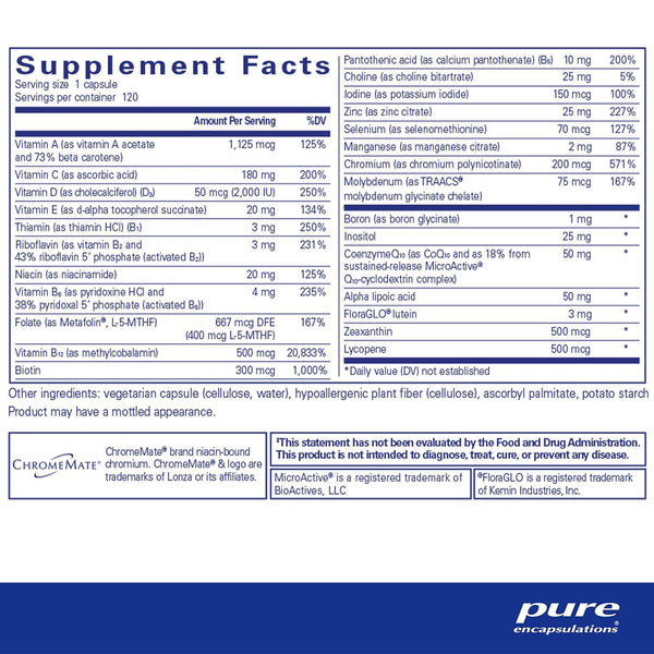 Pure Encapsulations O.N.E. Multivitamin ingredients label – full multivitamin mineral profile with active CoQ10, lutein, zeaxanthin.
