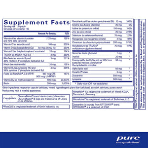O.N.E. Multivitamin by Pure Encapsulations – nutrition facts panel showing active B-complex, folate, and CoQ10 content.