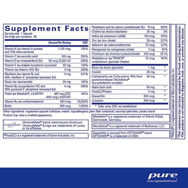 O.N.E. Multivitamin by Pure Encapsulations – nutrition facts panel showing active B-complex, folate, and CoQ10 content.