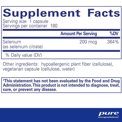 Pure Encapsulations Selenium citrate 200mcg supplement ingredients