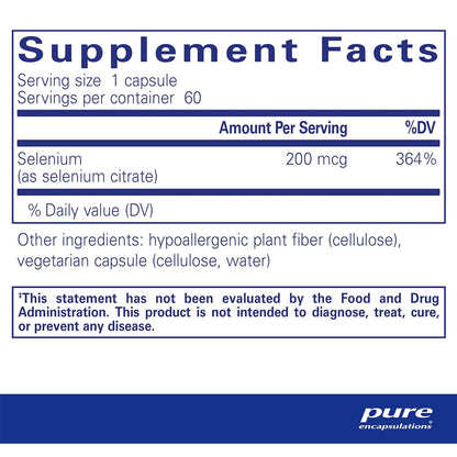 Pure Encapsulations Selenium citrate 200mcg supplements facts