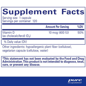 Pure Encapsulations Vitamin D3 400 IU supplements facts