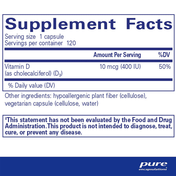 Pure Encapsulations Vitamin D3 400 IU supplements facts