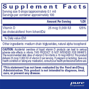 Pure Encapsulations Vitamin D3 Liquid Vegan supplements facts
