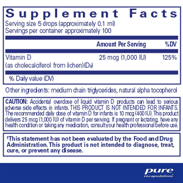 Pure Encapsulations Vitamin D3 Liquid Vegan supplements facts