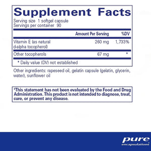 Pure Encapsulations Vitamin E 260 mg supplements facts