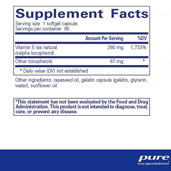 Pure Encapsulations Vitamin E 260 mg supplements facts