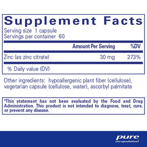 Pure Encapsulations Zinc (citrate) 30 mg supplements facts