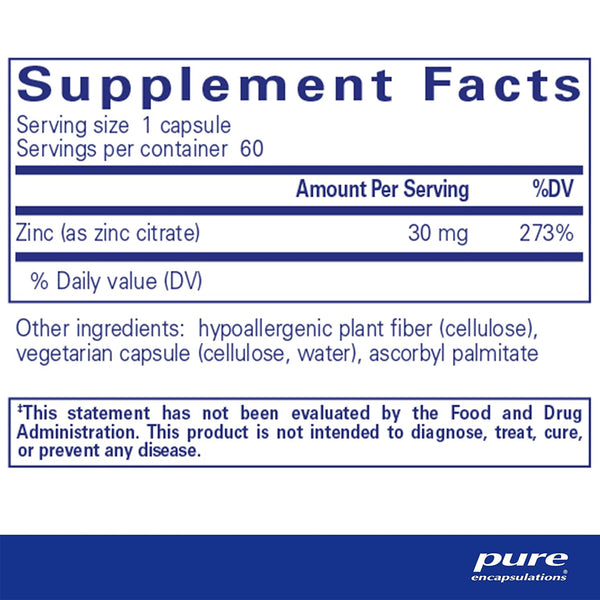 Pure Encapsulations Zinc (citrate) 30 mg supplements facts