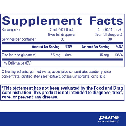 Pure Encapsulations Zinc Liquid 15 mg supplements facts