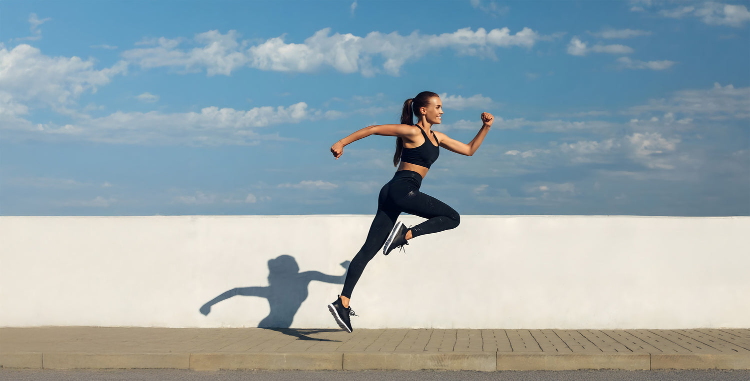 Women’s wellness run banner – active fit women in motion promoting health and vitality