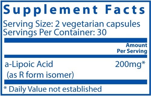 Ingredients of Alpha Lipoic Acid 200mg Dietary Supplement - a-Lipoic Acid 200mg Per Serving	