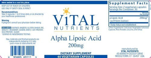 Benefits of Alpha Lipoic Acid 200mg - 60 Vegetarian Capsules | Vital Nutrients | Supports Healthy Vision and Nerve Function