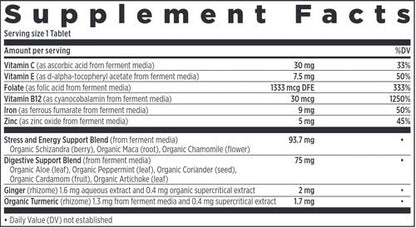 Ingredients of Fermented Iron Food Complex dietary supplement - vitamin C, vitamin E, folate