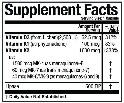 Ingredients of KD Ultra dietary supplement - vitamin D3, vitamin K1, vitamin K2, rice dextrin