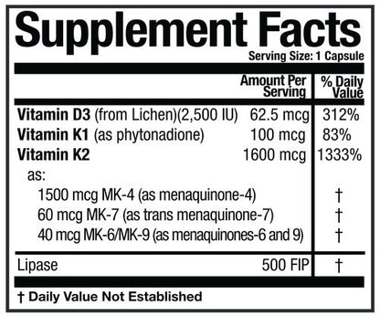 Ingredients of KD Ultra dietary supplement - vitamin D3, vitamin K1, vitamin K2, rice dextrin