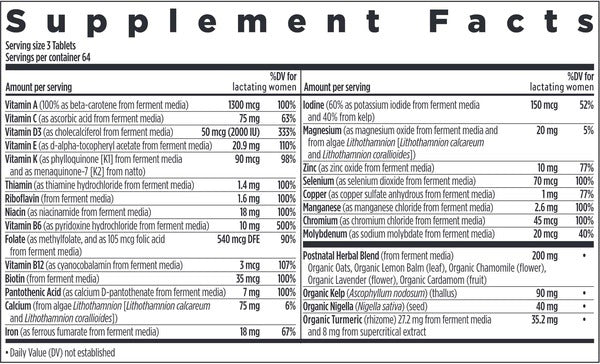 Ingredients of Perfect Postnatal 192 Tabs dietary supplement - vitamin A, C, D3, E, and K