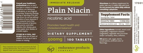 Plain Niacin 500 mg IR Endurance Product Company