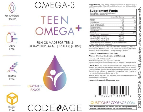 About Teen Omega + by CodeAge - 16 FL OZ | Essential Fatty Acids EPA & DHA