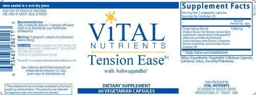 About Tension Ease with Ashwagandha by Vital Nutrients - 60 Vegetarian Capsules | Supports a Calm Central Nervous System