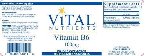 About Vitamin B6 100mg by Vital Nutrients - 100 Capsules | Helps Maintain Homocysteine Levels 