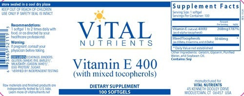 Benefits of Vitamin E 400 - 100 Softgels | Vital Nutrients | Promotes Healthy Blood Vessels