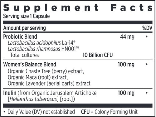 Ingredients of Women's Daily Probiotic dietary supplement - organic chaste tree, organic maca